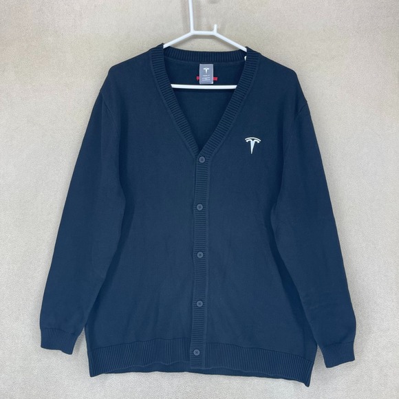 Tesla Men's V Neck Knit Cardigan Sweater Black XL Tesla Logo Designed in USA